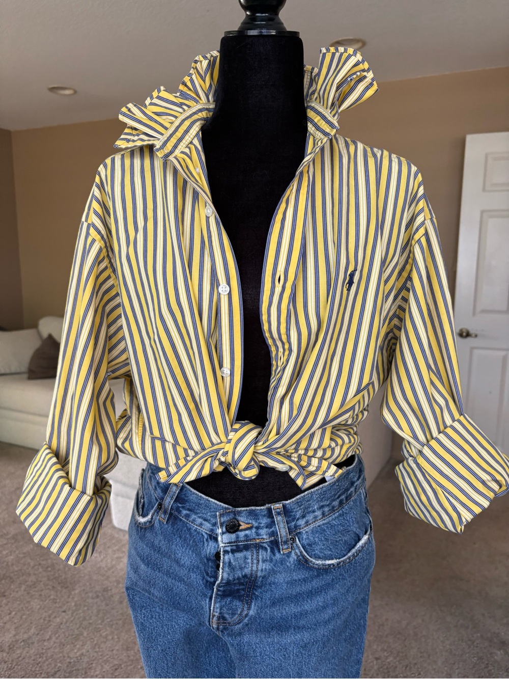 Reworked Ralph Lauren Yellow and Navy Striped Button-Down Shirt Size L